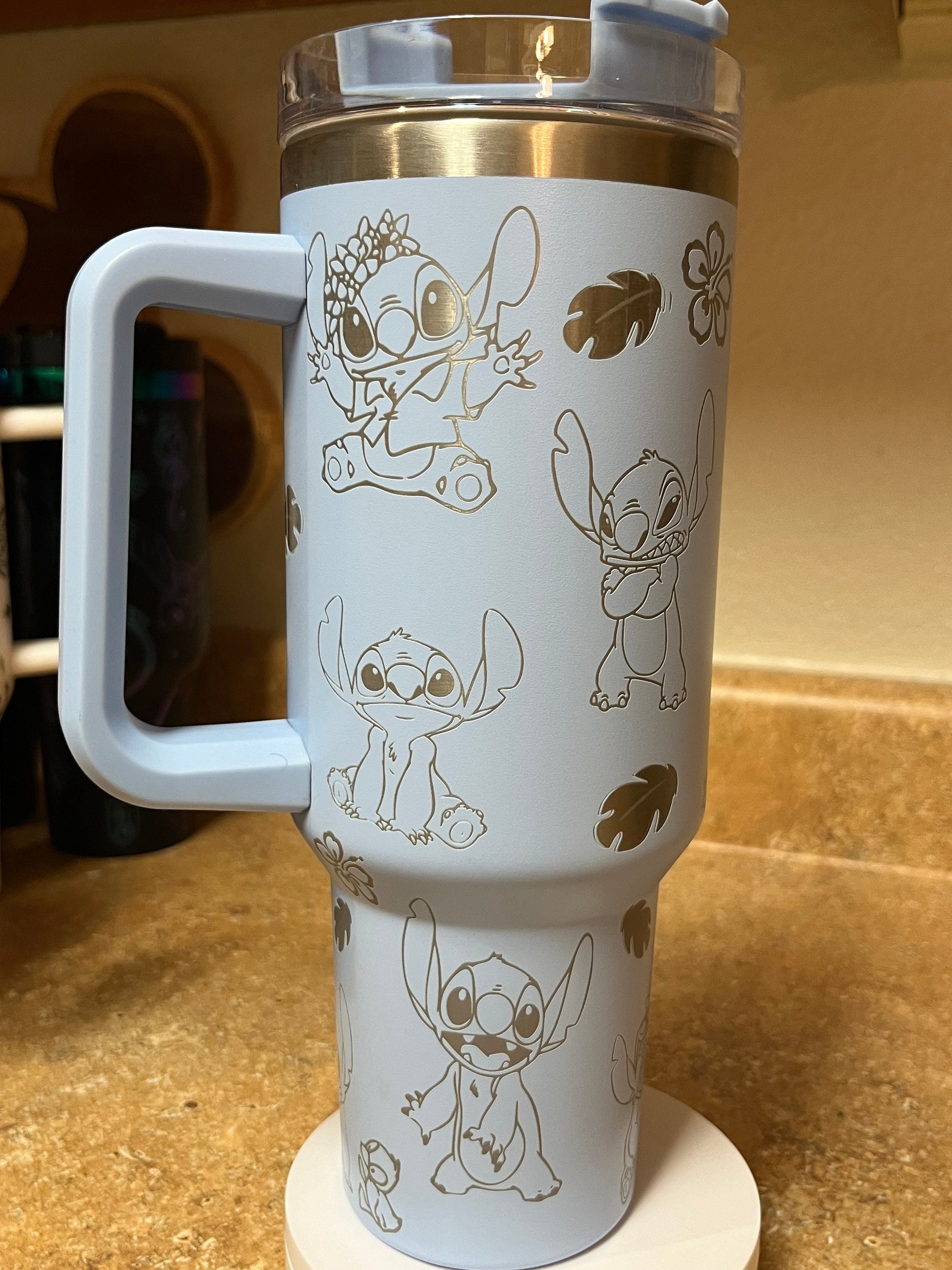 Lilo & Stitch Blue Tumbler with Handle – Cute Insulated Stainless Steel Travel Mug with Hibiscus Flowers & Characters Design
