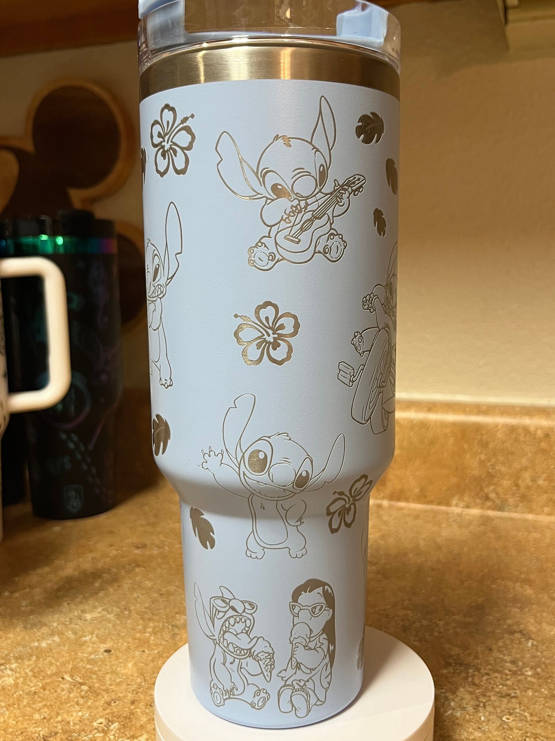 Lilo & Stitch Blue Tumbler with Handle – Cute Insulated Stainless Steel Travel Mug with Hibiscus Flowers & Characters Design