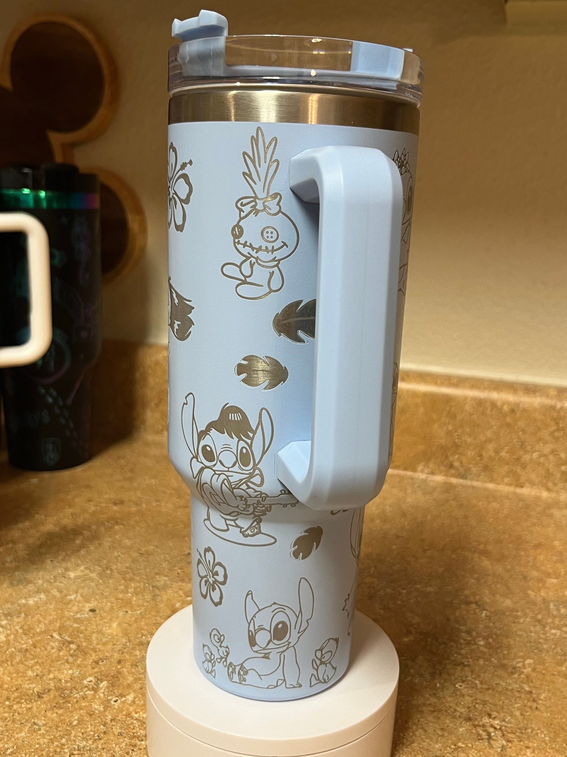 Lilo & Stitch Blue Tumbler with Handle – Cute Insulated Stainless Steel Travel Mug with Hibiscus Flowers & Characters Design