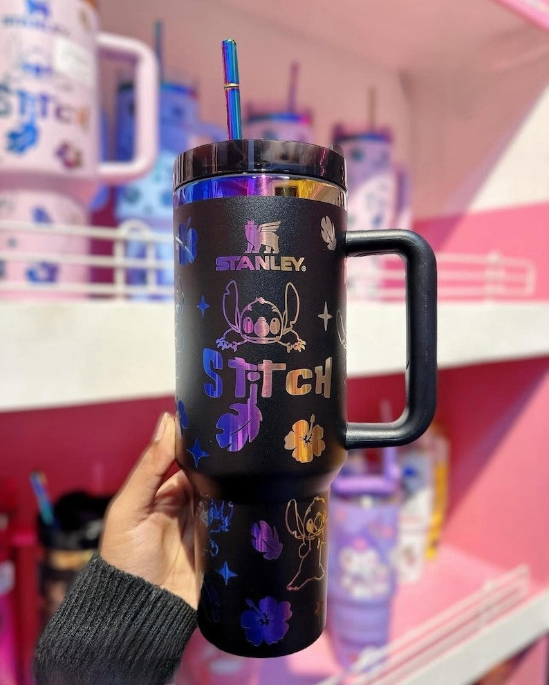 Custom Laser Stitch Stanley Tumbler, Portable Car Tumbler, Stitch Engraved Tumbler 40oz, Cartoon Drinkware, Stitch Tumbler Gift