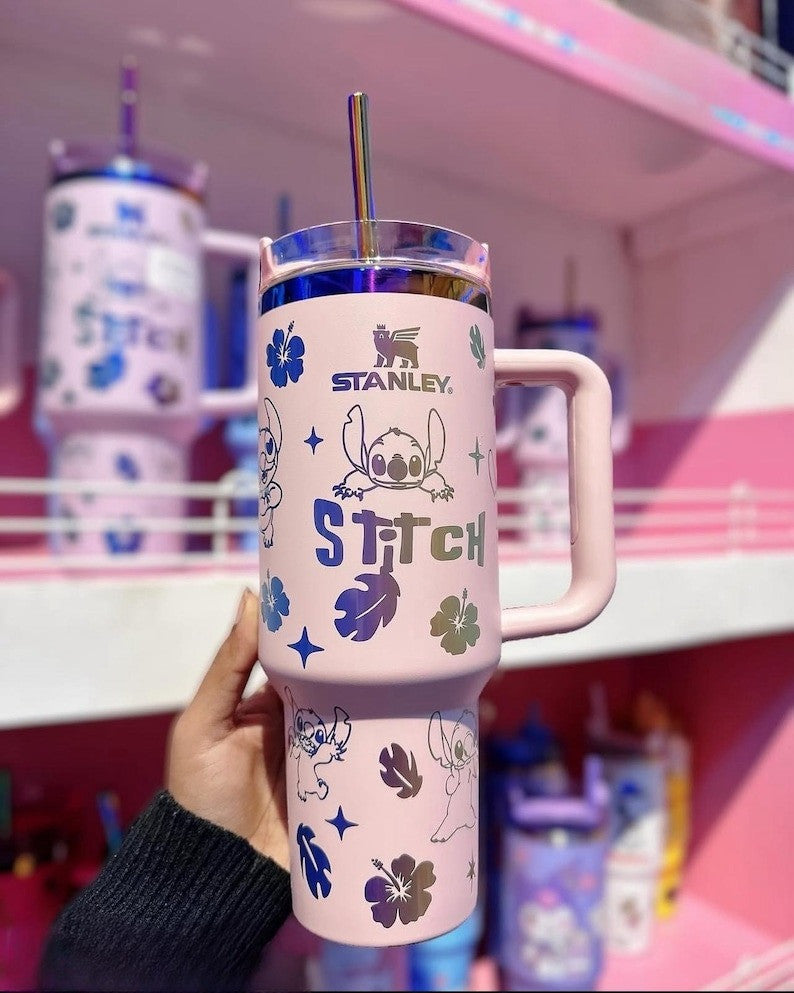 Custom Laser Stitch Stanley Tumbler, Portable Car Tumbler, Stitch Engraved Tumbler 40oz, Cartoon Drinkware, Stitch Tumbler Gift