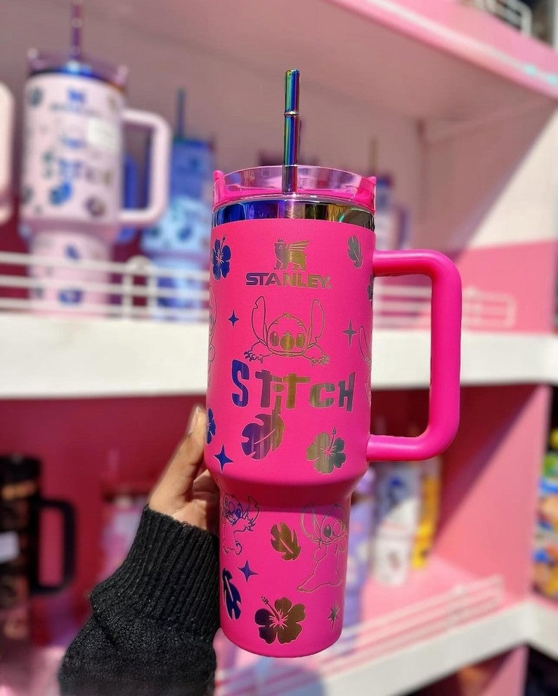 Custom Laser Stitch Stanley Tumbler, Portable Car Tumbler, Stitch Engraved Tumbler 40oz, Cartoon Drinkware, Stitch Tumbler Gift