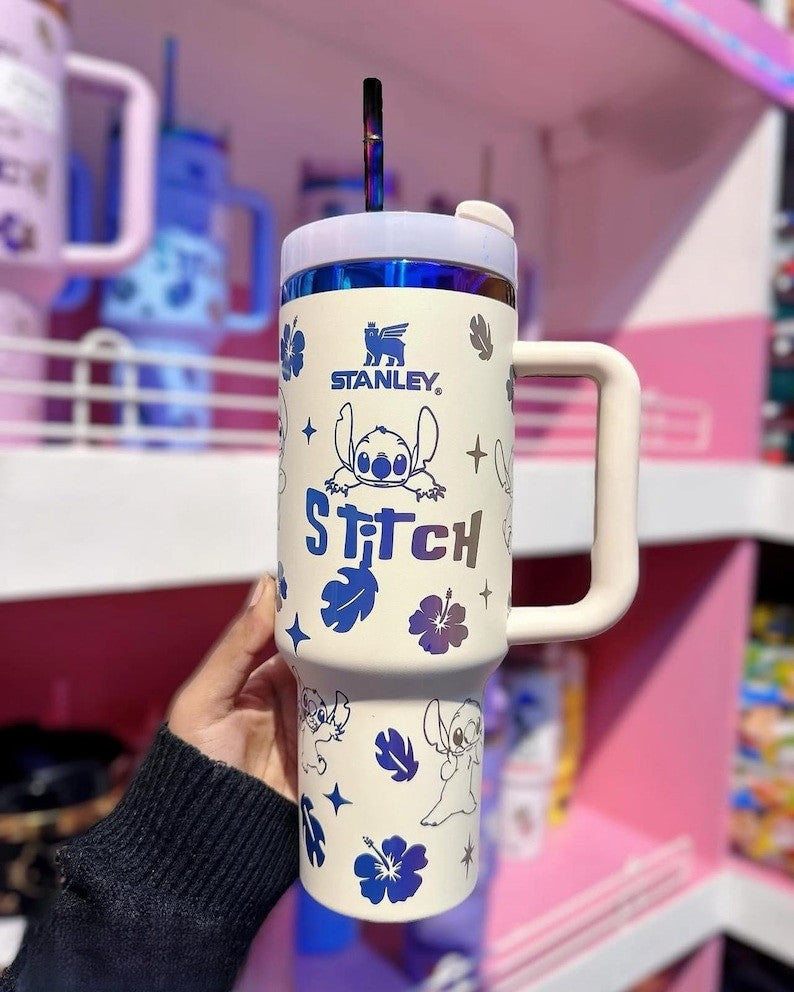 Custom Laser Stitch Stanley Tumbler, Portable Car Tumbler, Stitch Engraved Tumbler 40oz, Cartoon Drinkware, Stitch Tumbler Gift