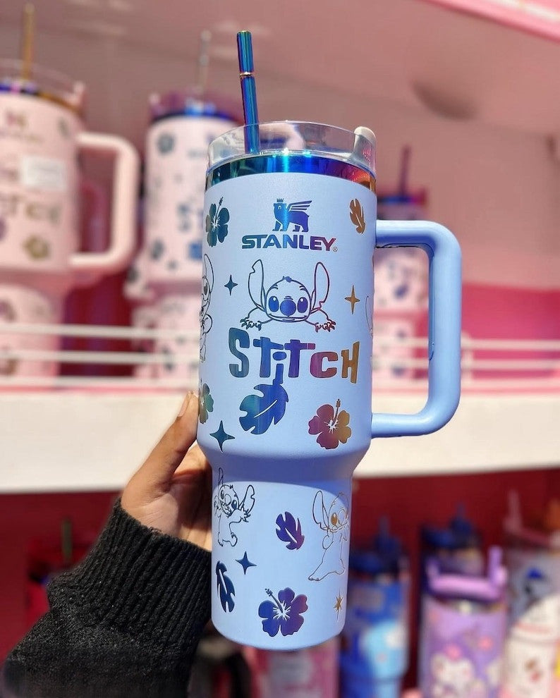 Custom Laser Stitch Stanley Tumbler, Portable Car Tumbler, Stitch Engraved Tumbler 40oz, Cartoon Drinkware, Stitch Tumbler Gift