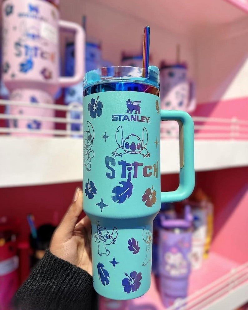 Custom Laser Stitch Stanley Tumbler, Portable Car Tumbler, Stitch Engraved Tumbler 40oz, Cartoon Drinkware, Stitch Tumbler Gift