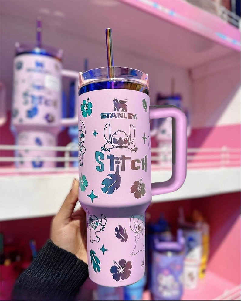 Custom Laser Stitch Stanley Tumbler, Portable Car Tumbler, Stitch Engraved Tumbler 40oz, Cartoon Drinkware, Stitch Tumbler Gift