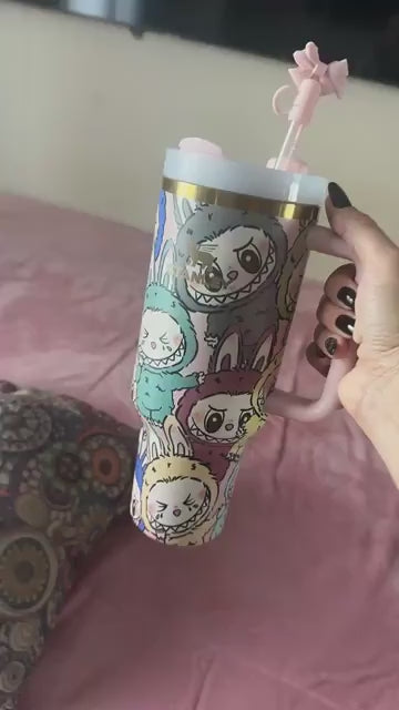 Custom Labubu Stanley Tumbler 40oz, Cute Cartoon Quencher Cup, Kawaii Labubu Water Bottle, Gift for Her, Trendy Designer Tumbler