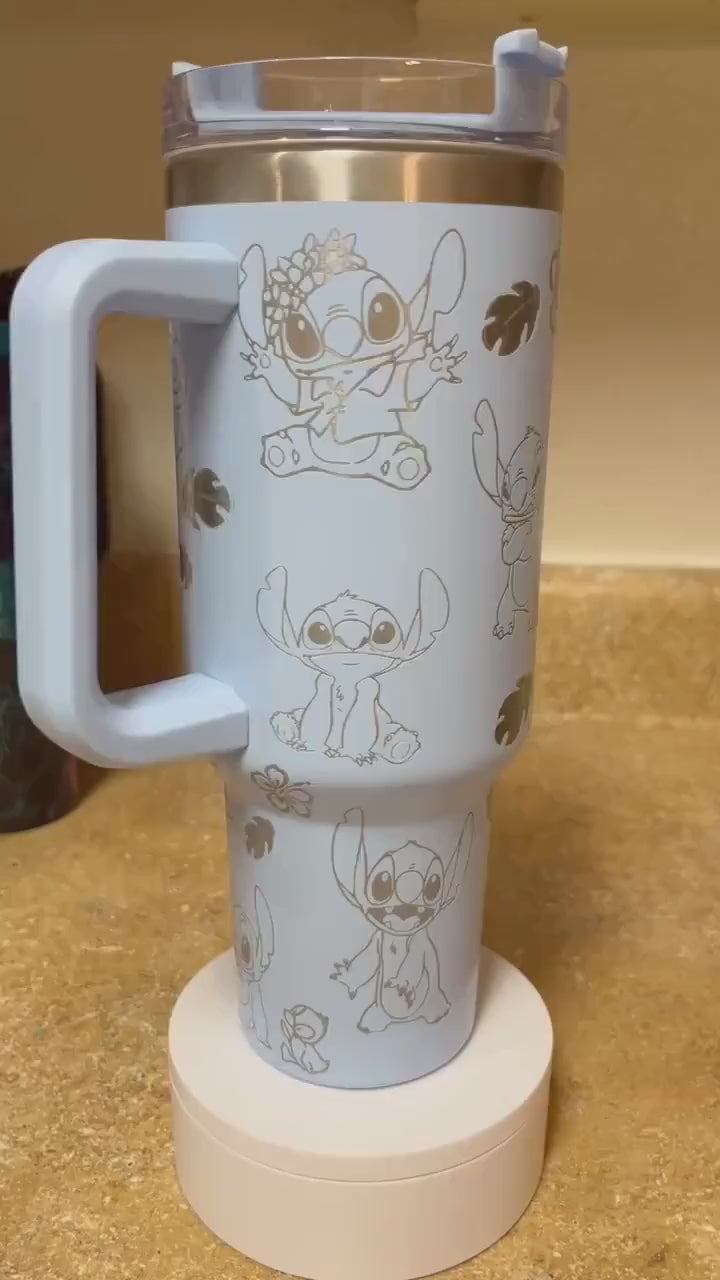 Lilo & Stitch Blue Tumbler with Handle – Cute Insulated Stainless Steel Travel Mug with Hibiscus Flowers & Characters Design