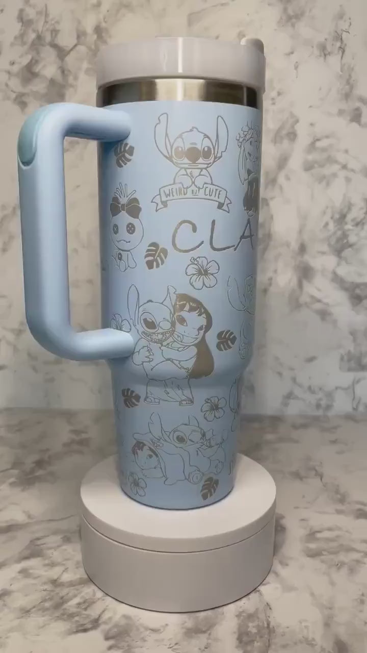 Personalized Lilo & Stitch Tumbler with Handle, Custom Name Insulated Travel Mug, Cute Stainless Steel Cup Gift for Her