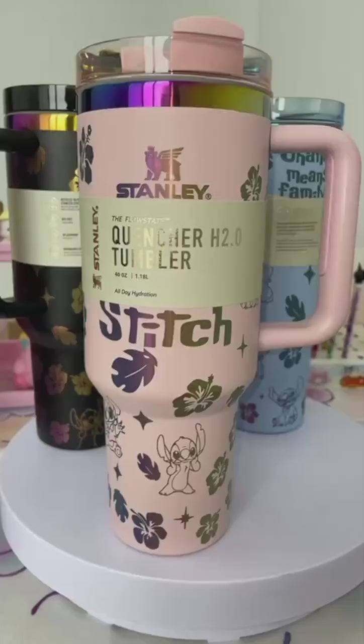 Custom Laser Stitch Stanley Tumbler, Portable Car Tumbler, Stitch Engraved Tumbler 40oz, Cartoon Drinkware, Stitch Tumbler Gift