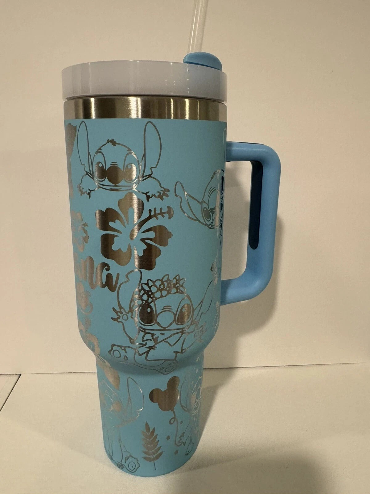 Stitch Engraved Tumbler 40oz, Large Stainless Steel Travel Mug with Handle and Straw, Disney Hawaiian Cup