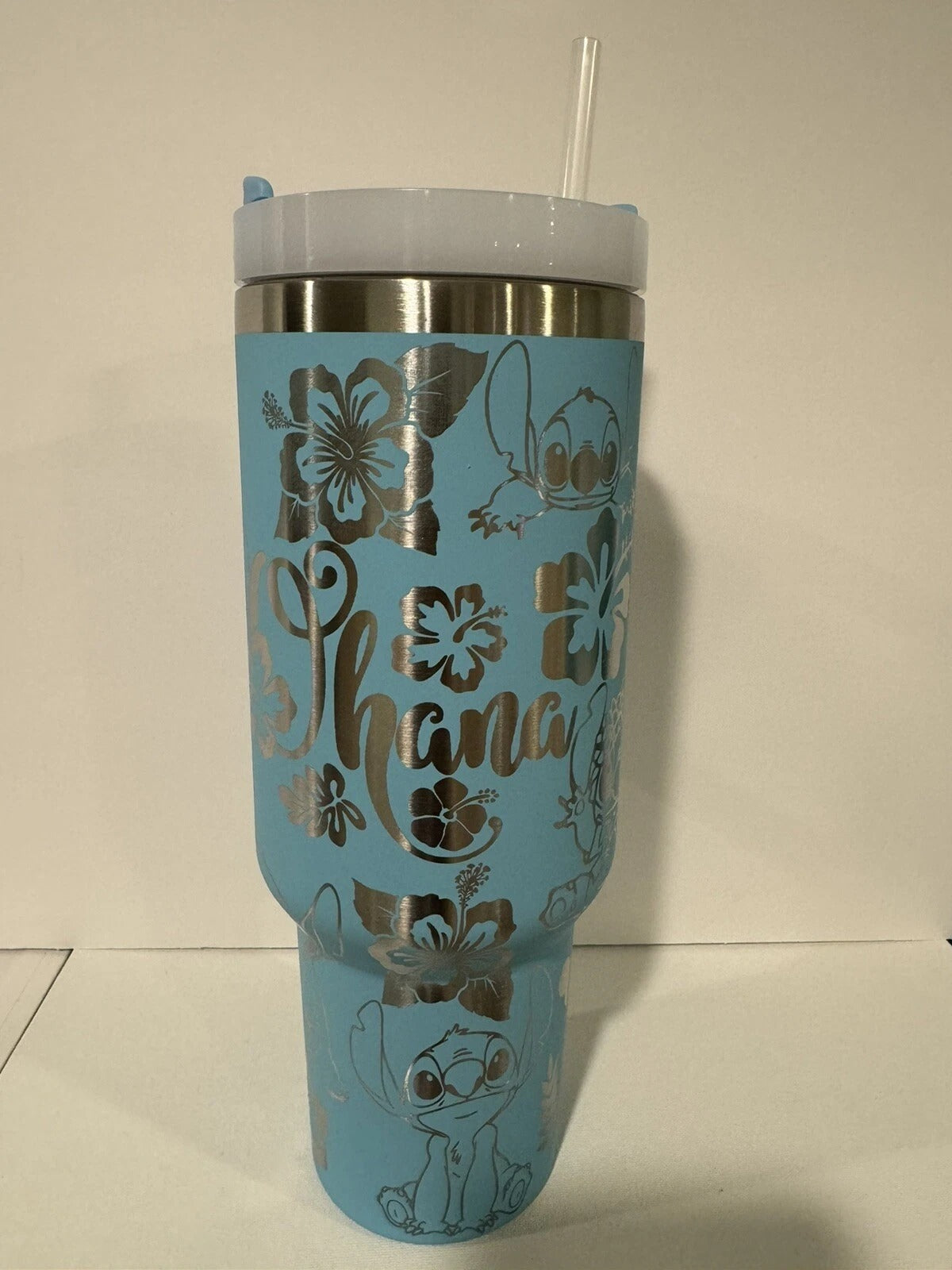 Stitch Engraved Tumbler 40oz, Large Stainless Steel Travel Mug with Handle and Straw, Disney Hawaiian Cup