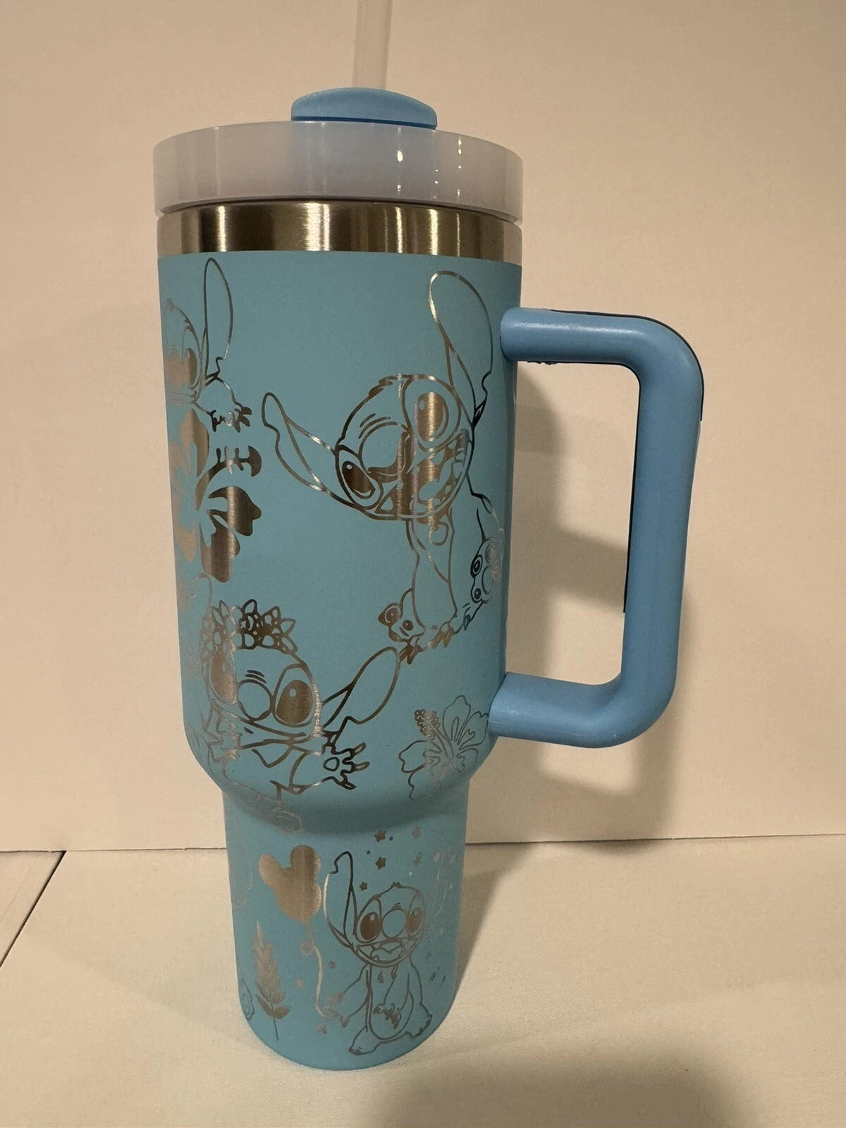 Stitch Engraved Tumbler 40oz, Large Stainless Steel Travel Mug with Handle and Straw, Disney Hawaiian Cup