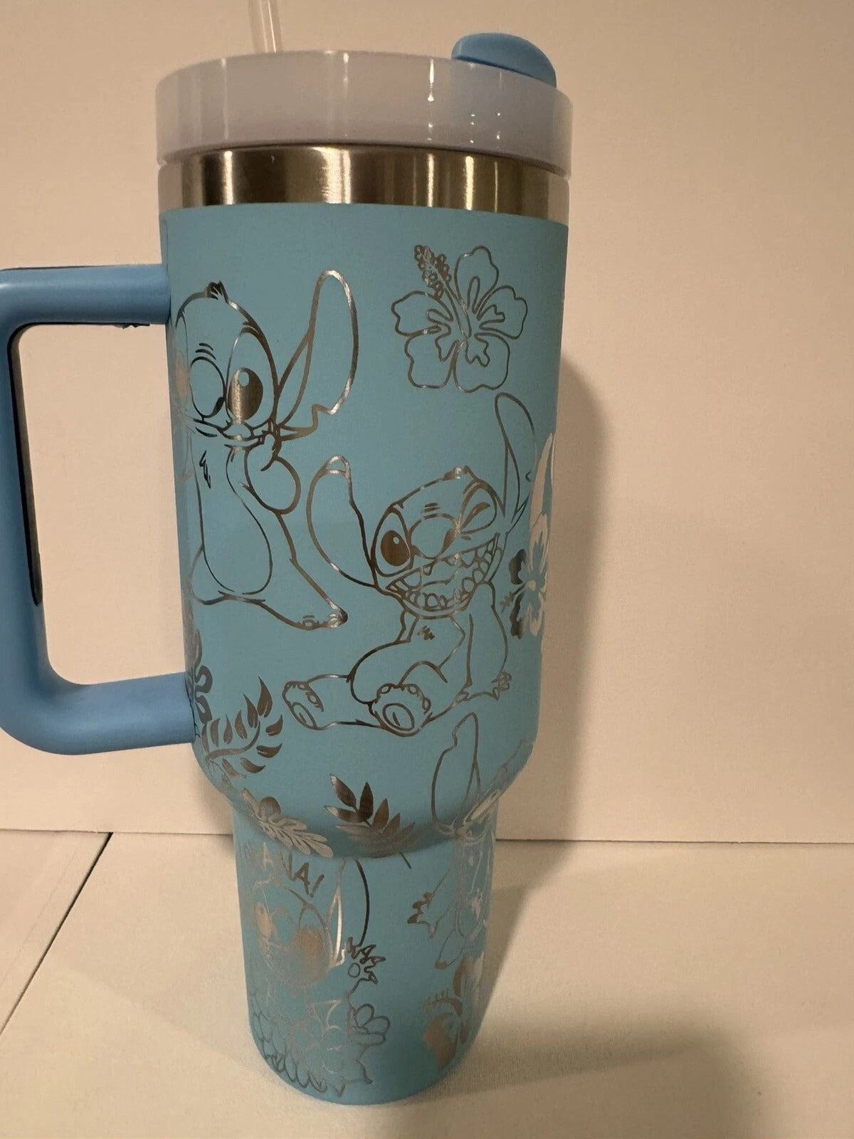 Stitch Engraved Tumbler 40oz, Large Stainless Steel Travel Mug with Handle and Straw, Disney Hawaiian Cup