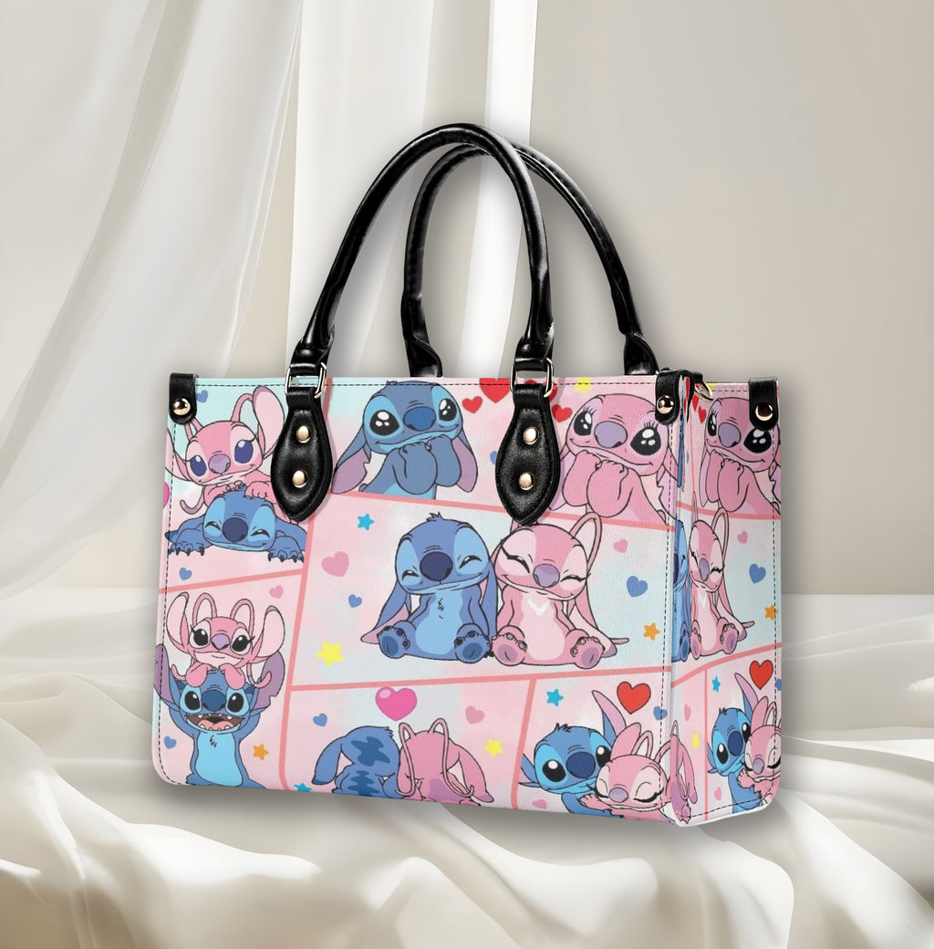 Stitch and Angel Handbag, Cute Cartoon Tote Bag with Black Leather Handles, Pink Blue Heart Pattern Purse for Women & Girls
