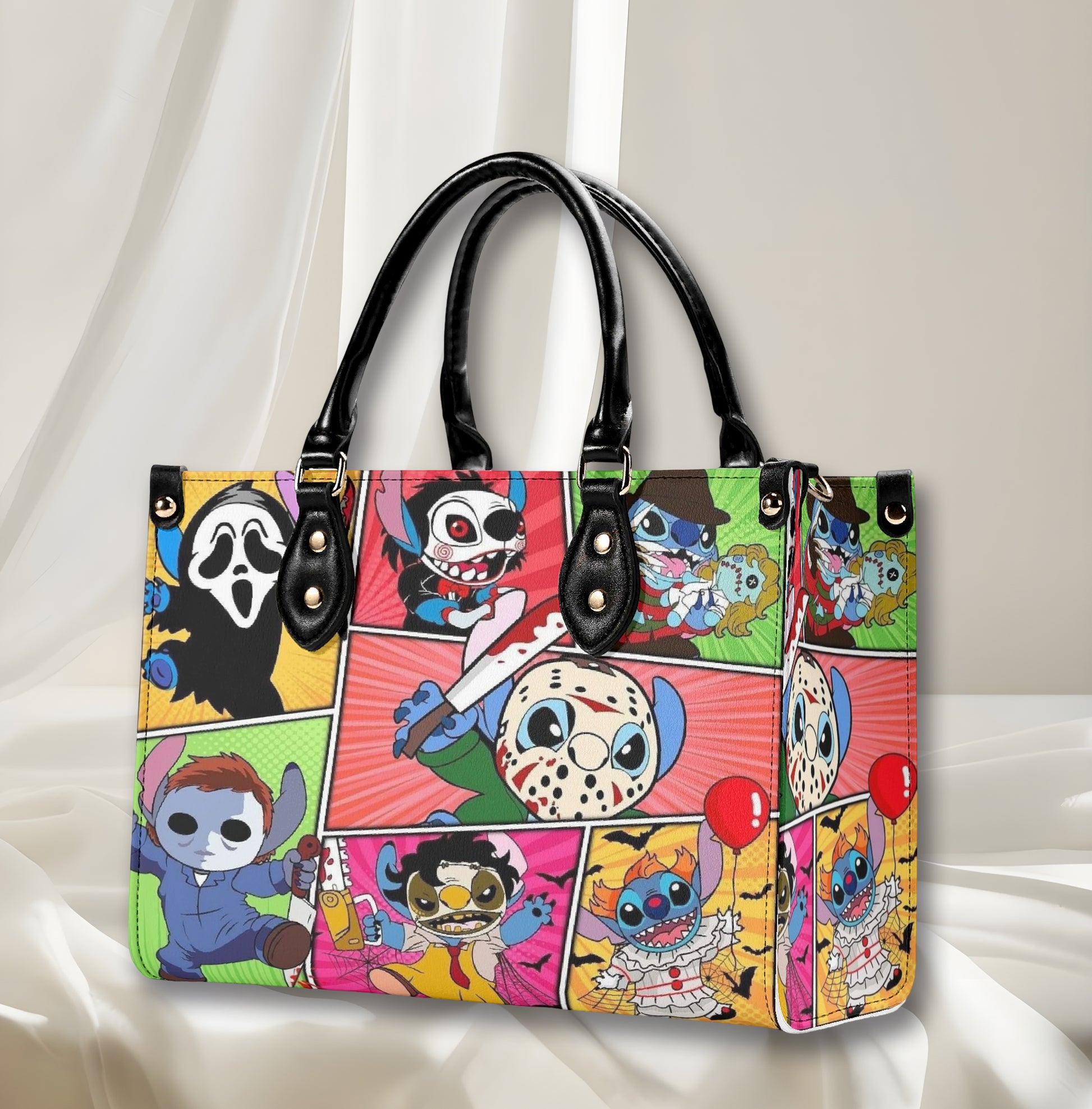 Stitch Horror Leather Handbag, Halloween Tote Bag with Scary Movie Cartoon Characters